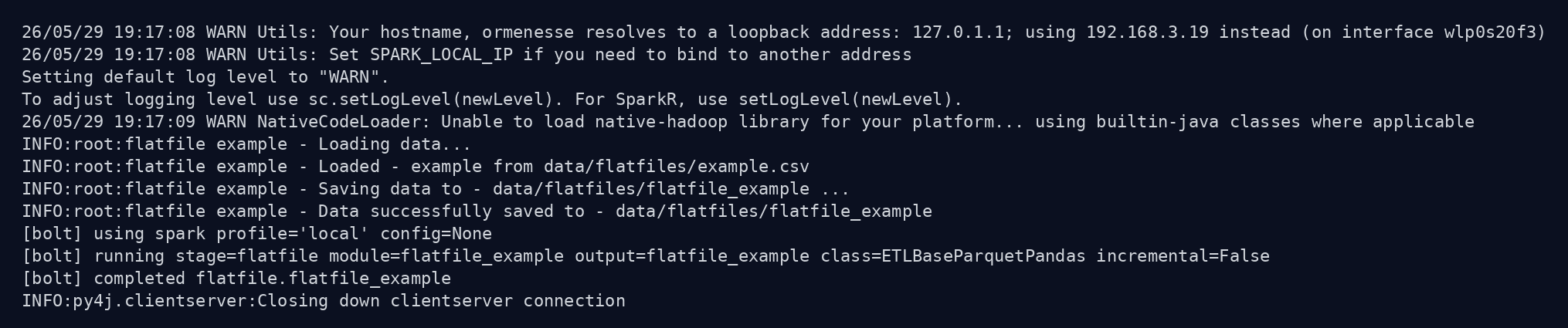 Terminal screenshot of bolt run --verbose showing spark profile selection, stage execution details, and completion message.