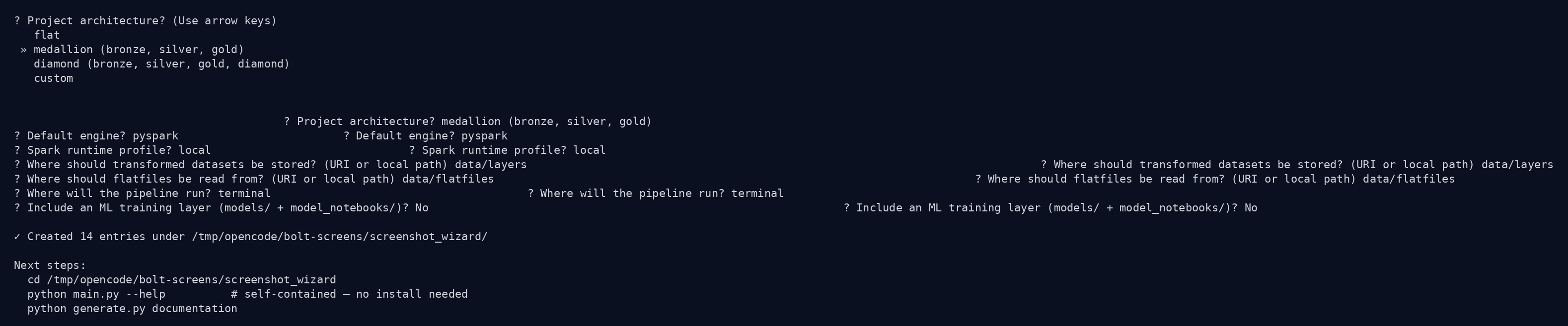 Terminal screenshot of bolt init showing the interactive project architecture, engine, storage, and runtime prompts before project creation.